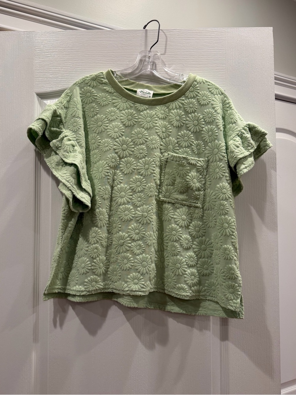 Textured Daisy Embossed Ruffle Sleeve and Ruffle Hem Set- Light Green